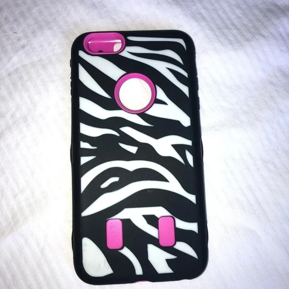 iPhone 6 Plus zebra print silicone cover, purple or hot pink shell.